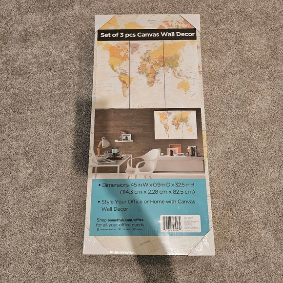 World Map Canvas Wall Art Beige 45.3 in W x 09 in D x 32.5 in H - Picture 1 of 6